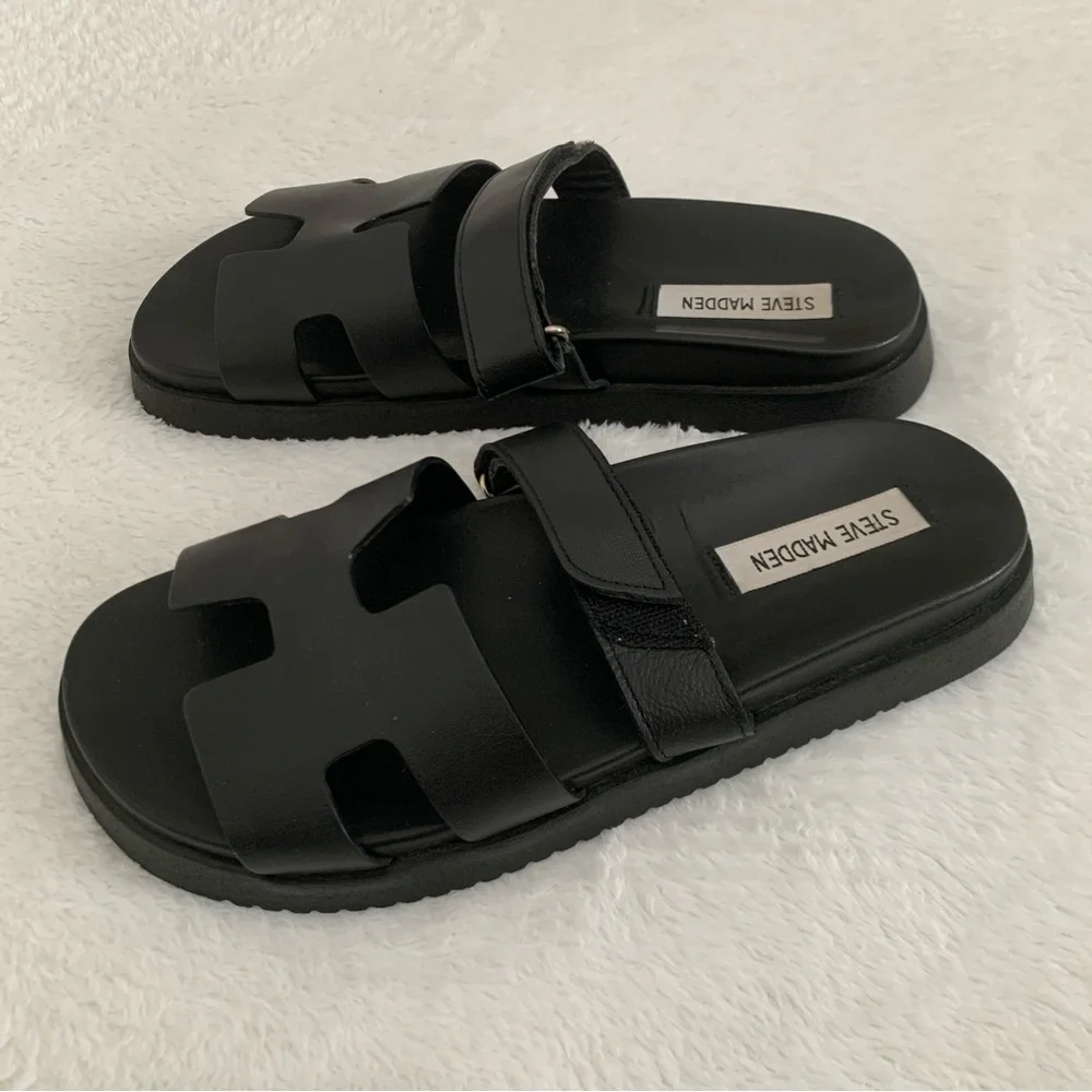 Women’s 8 STEVE MADDEN Mayven Black Leather H Flatform Luxe Slide Sandals - Picture 1 of 5